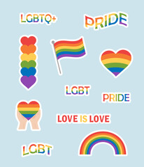 Pride month stickers, lgbt, love, equality, lgbt flag, hearts. A collection of stickers that say lgbtq and love.