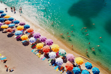 Fototapeta na wymiar Generative AI illustration of Colorful beach umbrellas on a sunny day