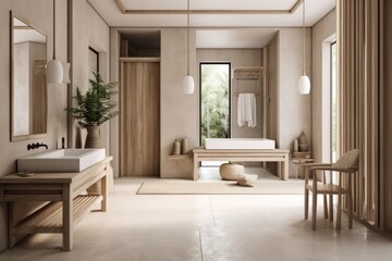 Fototapeta na wymiar Highly elegant luxurious bathroom. Designer boho scandinavian design