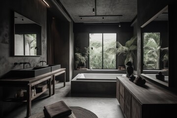 Fototapeta premium Luxurious Modern Bathroom with Japandi Design, LED Lighting, and Luxurious Touches. Designer soho scandinavian design, black tones..