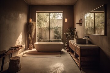 Fototapeta premium Chic and Modern Bathroom with Japandi Design, LED Lighting, and Luxurious Touches..