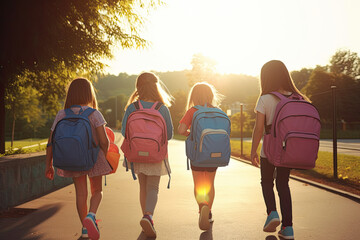 Kinder mit Rucksack laufen in die Schule, Generative AI