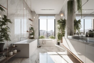 Obraz na płótnie Canvas Designer Bathroom Oasis with Freestanding Bathtub, Natural Light, and Luxurious Features..