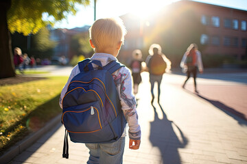 Kinder mit Rucksack laufen in die Schule, Generative AI