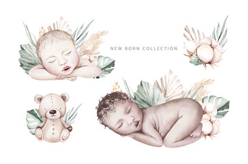 Cute newborn watercolor baby. New born child illustration girl, boy painting. Baby shower isolated birthday painting card. Handmade painting