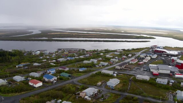 Aerial Shot Of Human Settlement Near Sea Against Sky, Drone Flying Forward Over Coastal Houses - Bering Sea, Alaska