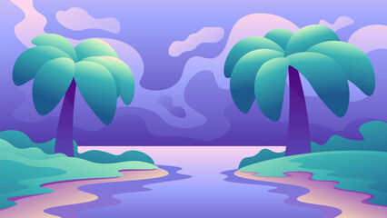 Fototapeta na wymiar Tropical landscape with palm trees on the shore of exotic island. Horizontal illustration of mediterranean travel.
