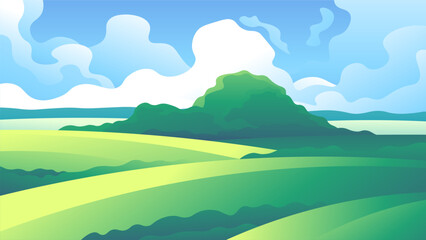 Fototapeta na wymiar Bright green meadows on white cumulus clouds background. Horizontal rural illustration.