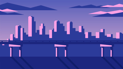 Horizontal illustration of big geometric city. Bridge over the river on metropolis background.