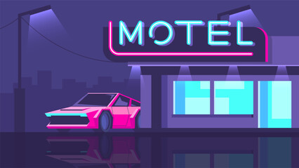 Bright pink modern car stands near a motel on a night city background.