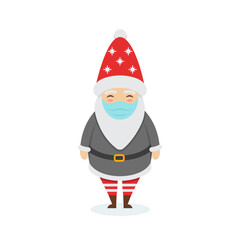 Vector flat christmas gnome standing in protective face mask. Character illustration isolated on white background.