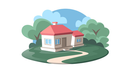 Farmhouse near the forest on island. Isolated natural emblem in a minimalism flat style.