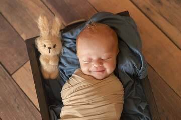 Newborn baby in dream smiles, sleeps, wrapped in cocoon. Cute portrait of child.Copy space.