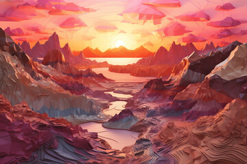sunset over a pastel-colored desert paper art. generative AI