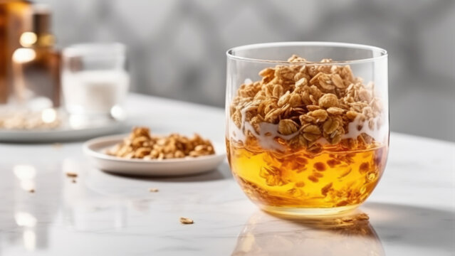 Healthy drink with honey and müsli - Generative AI
