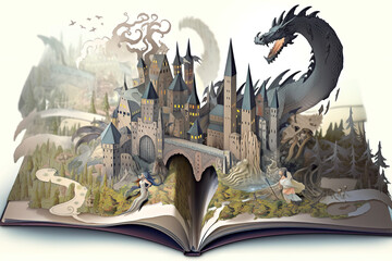 enchanted magic fairytale book with fantasy scene pop up on page, a castle with dragon invade on wood table - obrazy, fototapety, plakaty