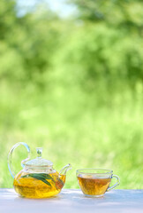 glass teapot and cup with herbal tea on table, natural abstract rustic background. summer season. relax time. useful calming tea. Tea party in garden. template for design. copy space