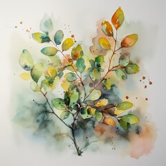 Autumn branch with leaves on watercolor background