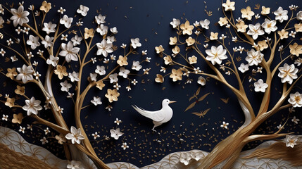 Paper art with birds on trees and flowers. Gold and dark pattern. Created with Generative AI tools