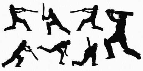 Set of female cricket players batting bowling fielding celebrating after victory  silhouette 