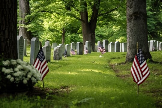 Memorial day with a an American flag in a cemetery, generative ai