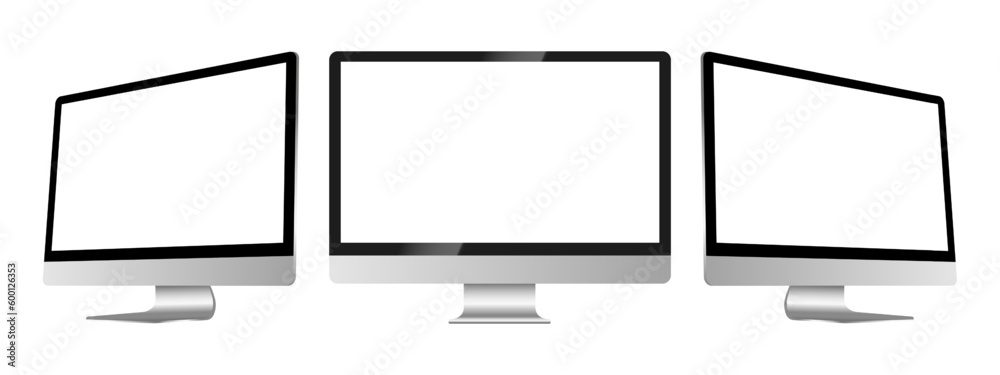 Poster realistic mockup computer. screen monitor display on three sides with blank screen for your design. 