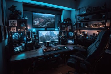 Streamer gamer desktop setup with computers headphones and camera, generative ai