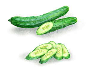 An image of sliced cucumbers, digitally generated from a watercolor painting