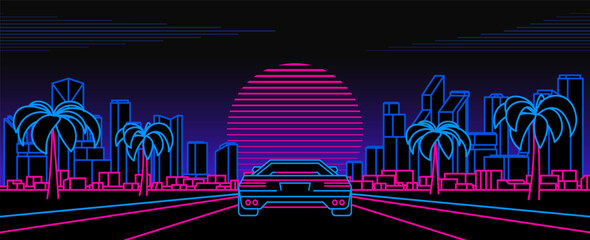 Night city and car in retro neon style