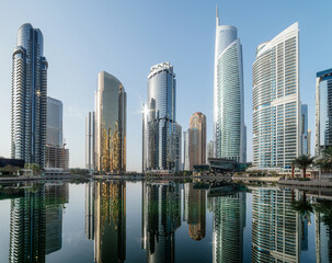 Panoramic view of Jumeirah Lakes Towers in Dubai during morning, United Arab Emirates - 600126913