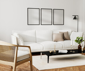 Poster blank frame mock up in home living room  interior with white sofa and coffee table with decor, 3d rendering