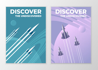 Vector retro vintage space posters. Illustration of a flying rocket on a space background.