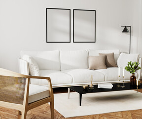 Poster blank frame mock up in home living room  interior with white sofa and coffee table with decor, 3d rendering