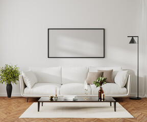 picture frame mock up in modern home living room interior with white sofa and coffee table with decor, 3d render