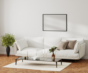 blank frame mock up in modern home living room interior with white sofa and coffee table with decor, 3d rendering