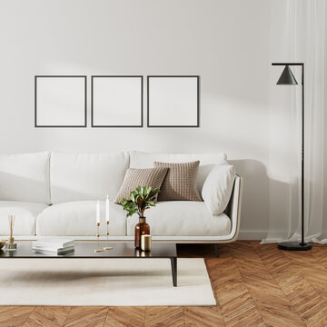 three square frames mock up in home living room  interior with white sofa and coffee table with decor, 3d render