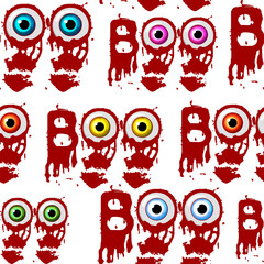 Seamless pattern with Bloody inscription Boo for Halloween. Bloody eyes. Halloween lettering, poster design template.