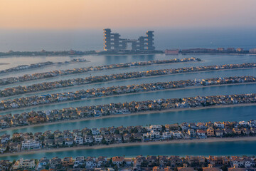 Aerial view of Palm Jumeirah during sunset in Dubai, UAE