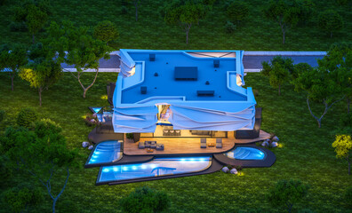 3d rendering of cute cozy modern house with bionic natural curves plastic forms with parking  and pool for sale or rent with beautiful landscape. Clear summer night with many stars on the sky
