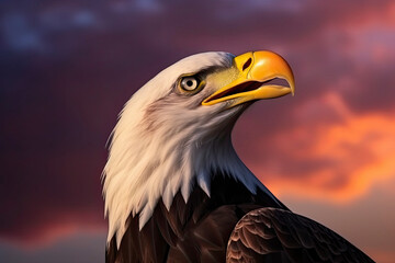 Obraz premium Bald eagle with open beak. Side portrait. In the background is a colorful sky with clouds at sunset
