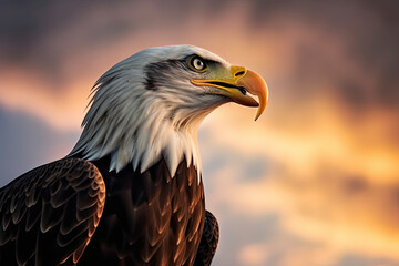 Obraz premium Bald eagle with open beak. Side portrait. In the background is a colorful sky with clouds at sunset