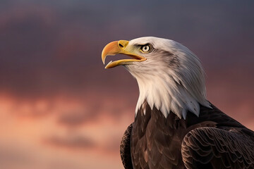 Obraz premium Bald eagle with open beak. Side portrait. In the background is a colorful sky with clouds at sunset