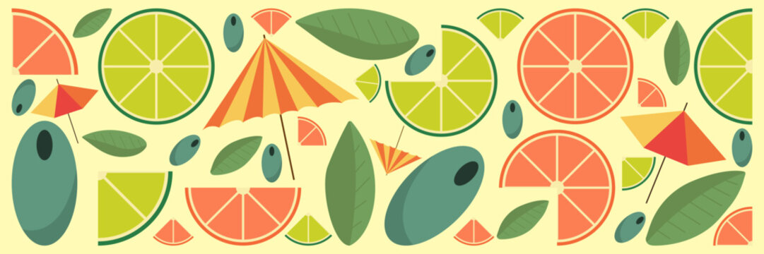 Citrus slices of lemon, orange, lime and grapefruit. Mint leaf, olives and Cocktail umbrella. Vector illustration banner or background summer