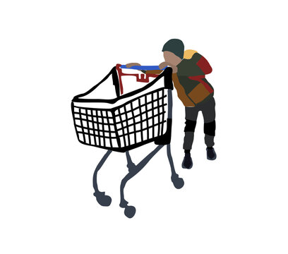 Child with a trolley in a supermarket. Flat image of a boy. City infographics