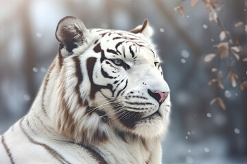 Close up of a big white tiger head. Bleached tiger of India in a snowy forest and winter background