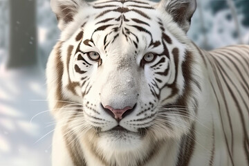 Close up of a big white tiger head. Bleached tiger of India in a snowy forest and winter background