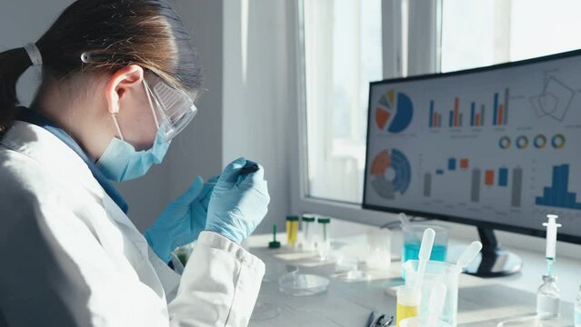 Chemical technologies in laboratory of medicine allow scientists to study the composition and properties drugs. Biochemist works in chemical laboratory of pharmaceutical company on drug development