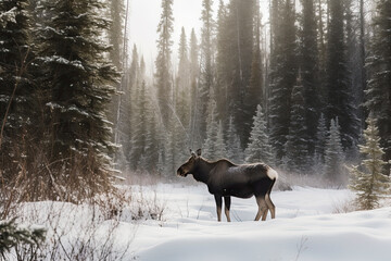 A moose in snow in Jasper National Park