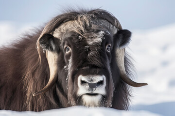 Close up of a Musk Ox in Dovrefjell mountains in winter - obrazy, fototapety, plakaty