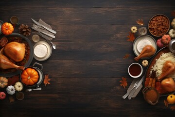 Thanksgiving dinner. Roasted turkey garnished with cranberries on a rustic style table decoraded with pumpkins, vegetables and candles. Top view with copy s. Created with generative ai. 